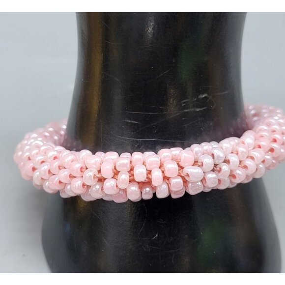 Natural Pink Opal Rondelle Bead Stretch Bracelet Size 7 Kumihimo Braiding - Picture 4 of 7